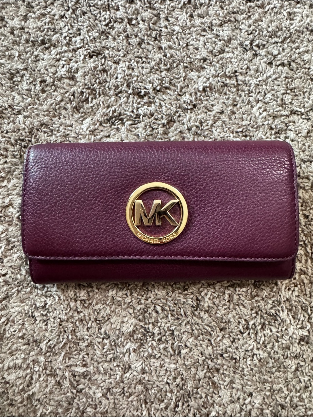 Michael Kors Plum Pebbled Leather Wallet with Gold MK Emblem